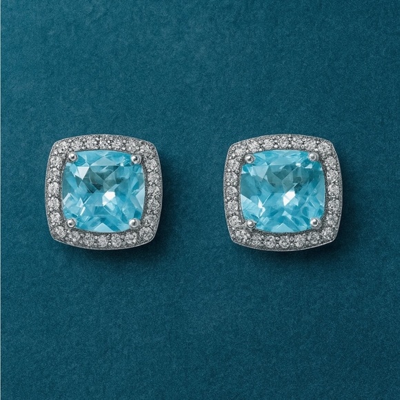 Jewelry - Aquamarine & Halo Topaz Stud 14K WG Sterling Silver Earrings